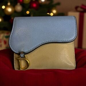 Christian Dior Two Tone Blue & Beige Saddle Wallet